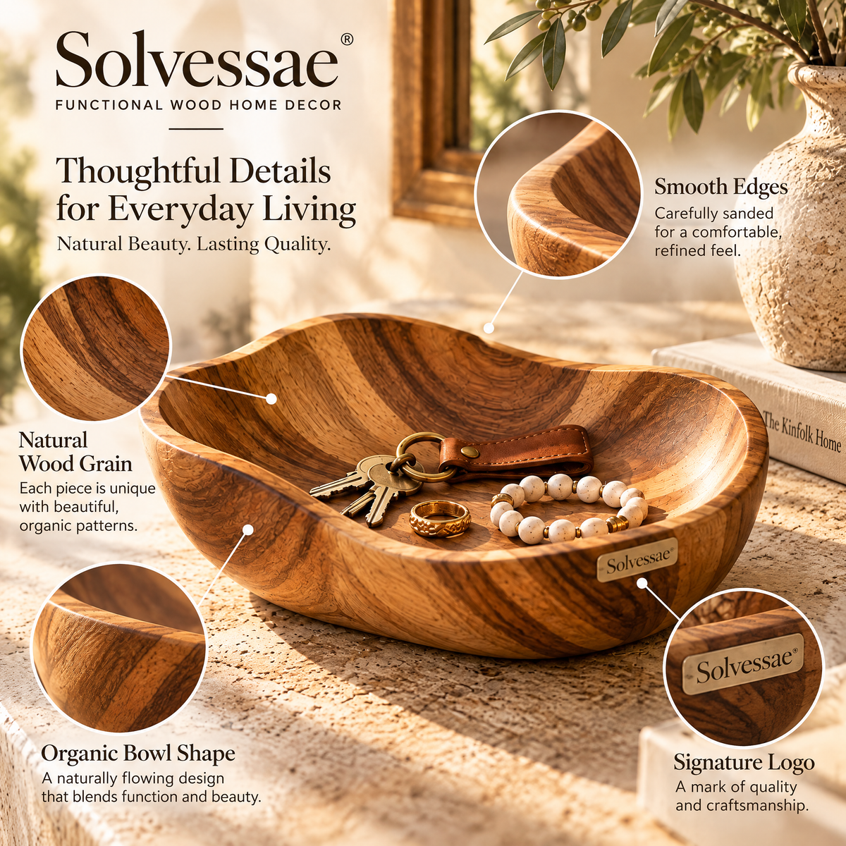Calvirezx™ GrainFlow Natural Wooden Catchall Bowl